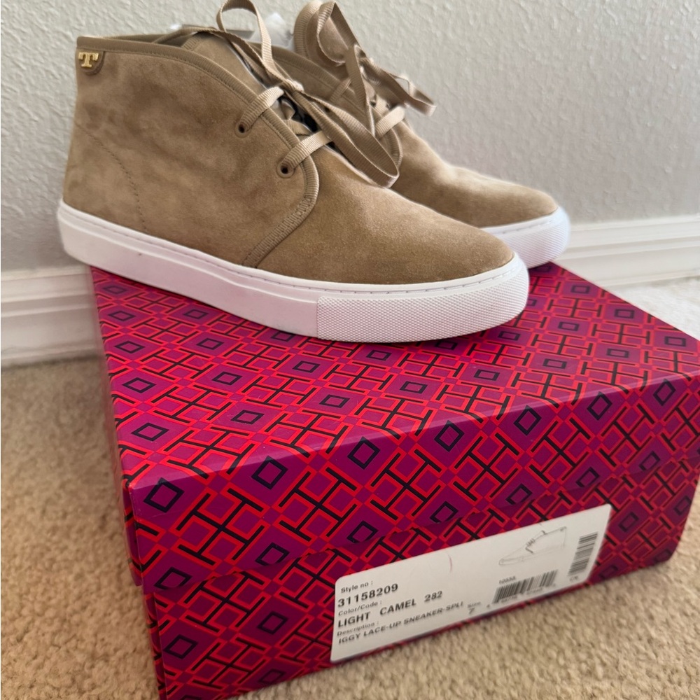 Tory Burch Light Camel Suede High-Top Sneakers with White Soles